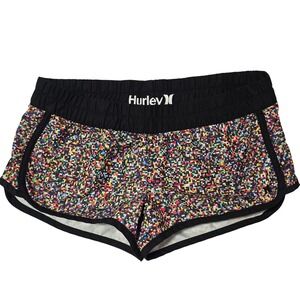 Hurley Women's Athletic Shorts Rainbow Pixel Hotpants Surf Elastic Black Trim